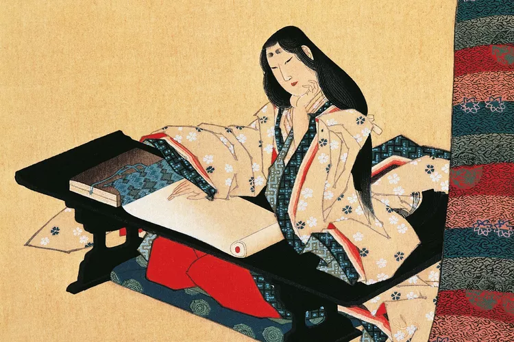 Murasaki Shikibu scriind la pupitrul ei — ilustrație clasică japoneză