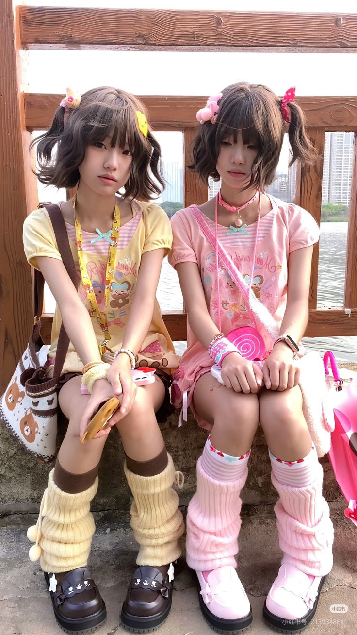 Două tinere în ținute kawaii, în nuanțe de roz și galben, cu accesorii de pluș și jambiere pufoase